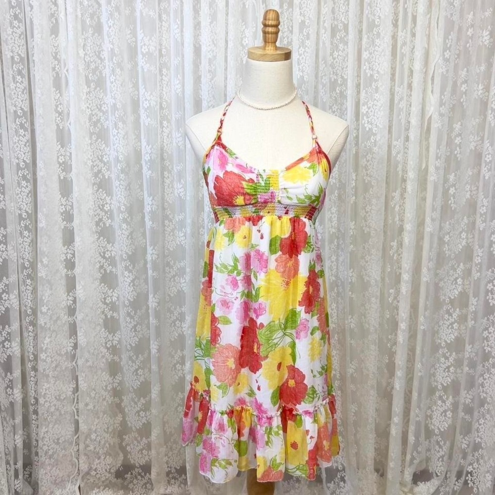 Y2K Aeropostale Pink & Yellow Floral Halter Mini Dress Womens M‎ Babydoll Preppy